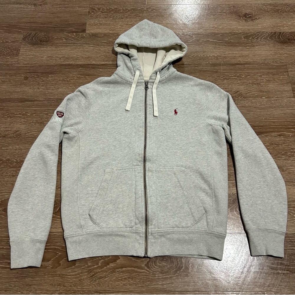 Vintage Polo Ralph Lauren Zip Up Hoodie Sweatshirt Mens M Thermal Gray Harvard